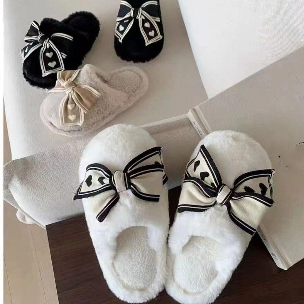 รองเท้าแตะตุ๊กตา BACK2LIFE, รองเท้าแตะให้ความอบอุ่นแบบหนา Bowknot แสนหวาน, รองเท้าแตะฤดูหนาวกันลื่นสําหรับหัวใจสาวแฟชั่นห้องนอน