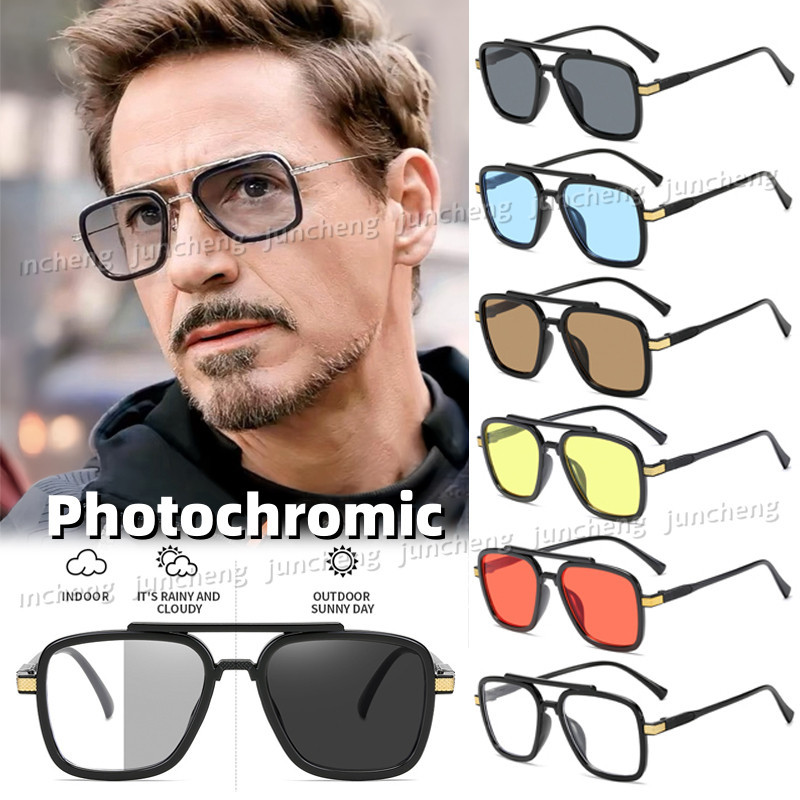 Iron Man Downey กรอบใหญ่สแควร์แว่นตากันแดดโพลาไรซ์สีดําสําหรับผู้ชายผู้หญิง Marvel Men แว่นตากันแดด Photochromic Unisex ขับรถ Shades
