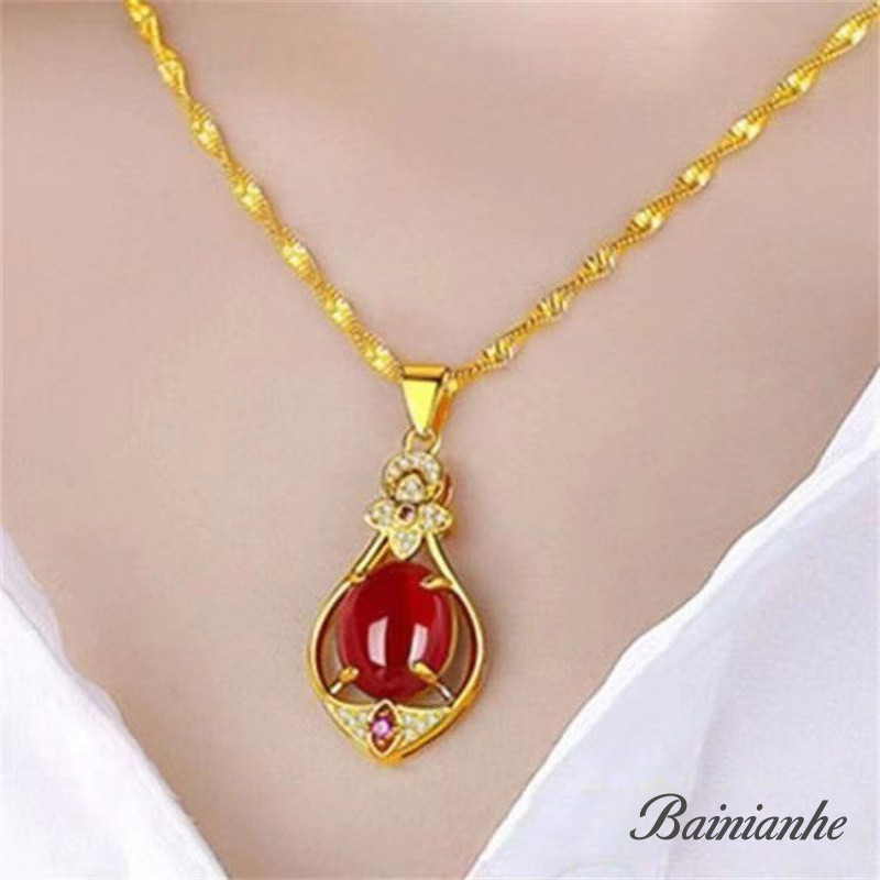 สร้อยคอสแตนเลสชุบทอง18K จี้หยดน้ำสีแดงห่วงโซ่ไหปลาร้า INS ของขวัญคู่แฟชั่น