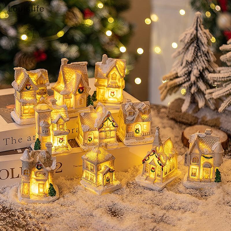 Llph ตกแต่งคริสต์มาสเรซิ่นบ้านหลังเล็ก Light Up Village House ตุ๊กตาการ์ตูนเครื่องประดับตารางสําหรับของขวัญวันหยุดน่ารักคริสต์มาส LLP