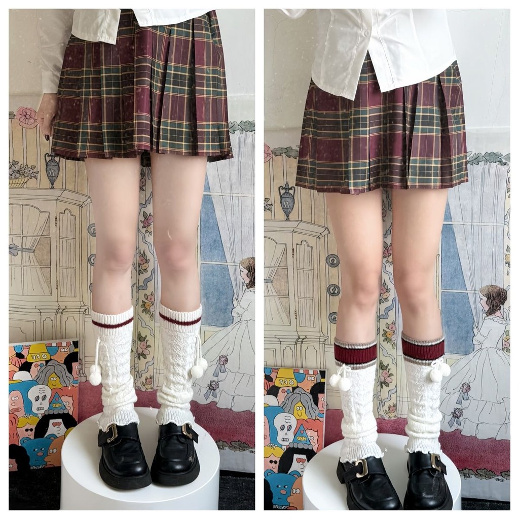 เกาหลี Jk สไตล์วิทยาลัย Y2k สาวร้อนขา Warms Maillard ออกแบบการจับคู่สี Stacked ถุงเท้าฤดูใบไม้ร่วงและฤดูหนาว Warm ถักขนสัตว์ Ball ถุงเท้าลูกวัว