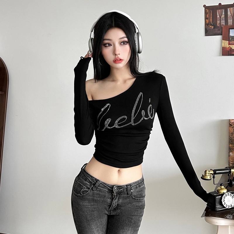 Kliou Stick Diamonds เสื้อยืด Skinny Off ไหล่แขนยาวสะดือสัมผัสแฟชั่นสบายๆหวานดู Slimmer สไตล์อเนกประสงค์