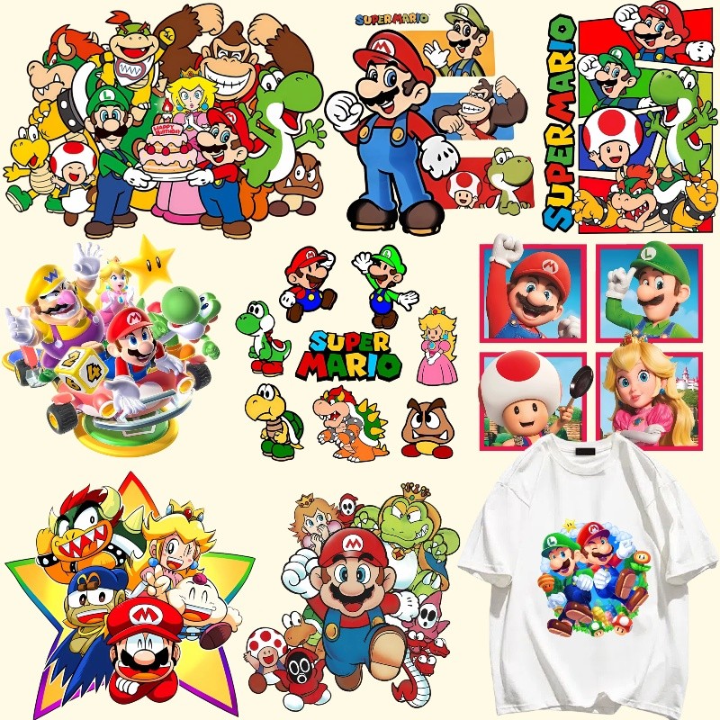 Mario series สติกเกอร์ปั๊มร้อนน่ารักการถ่ายเทความร้อน DIY สติกเกอร์ผ้าสติกเกอร์ล้างทําความสะอาดได้สติกเกอร์ผ้าตกแต่ง
