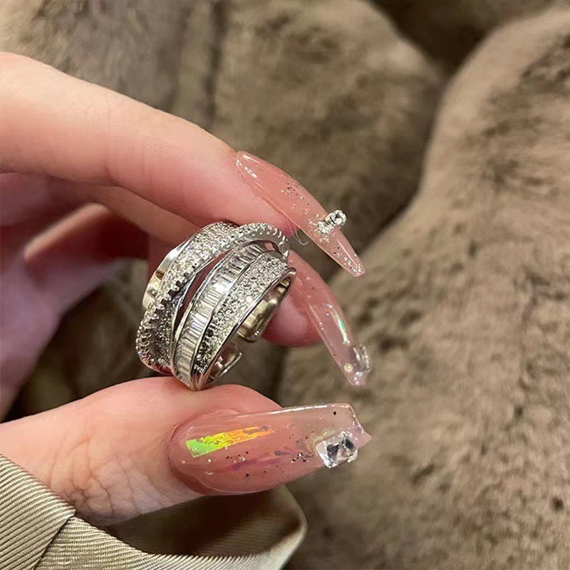 แฟชั่นเกาหลีเพทายเรขาคณิตเปิดแหวนหญิงหลายชั้นสายแหวนเครื่องประดับของขวัญ