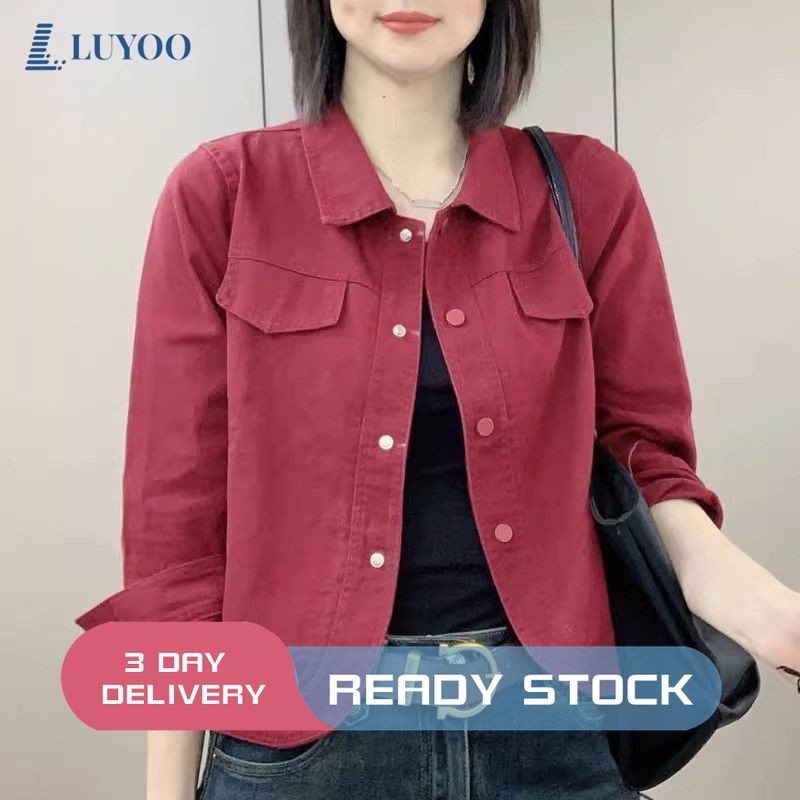 ลูโย เสื้อแจ็คเก็ตผู้หญิงเสื้อโค้ทสั้นสีแดงเกาหลีเสื้อแจ็คเก็ตผ้าฝ้ายที่สวยงาม