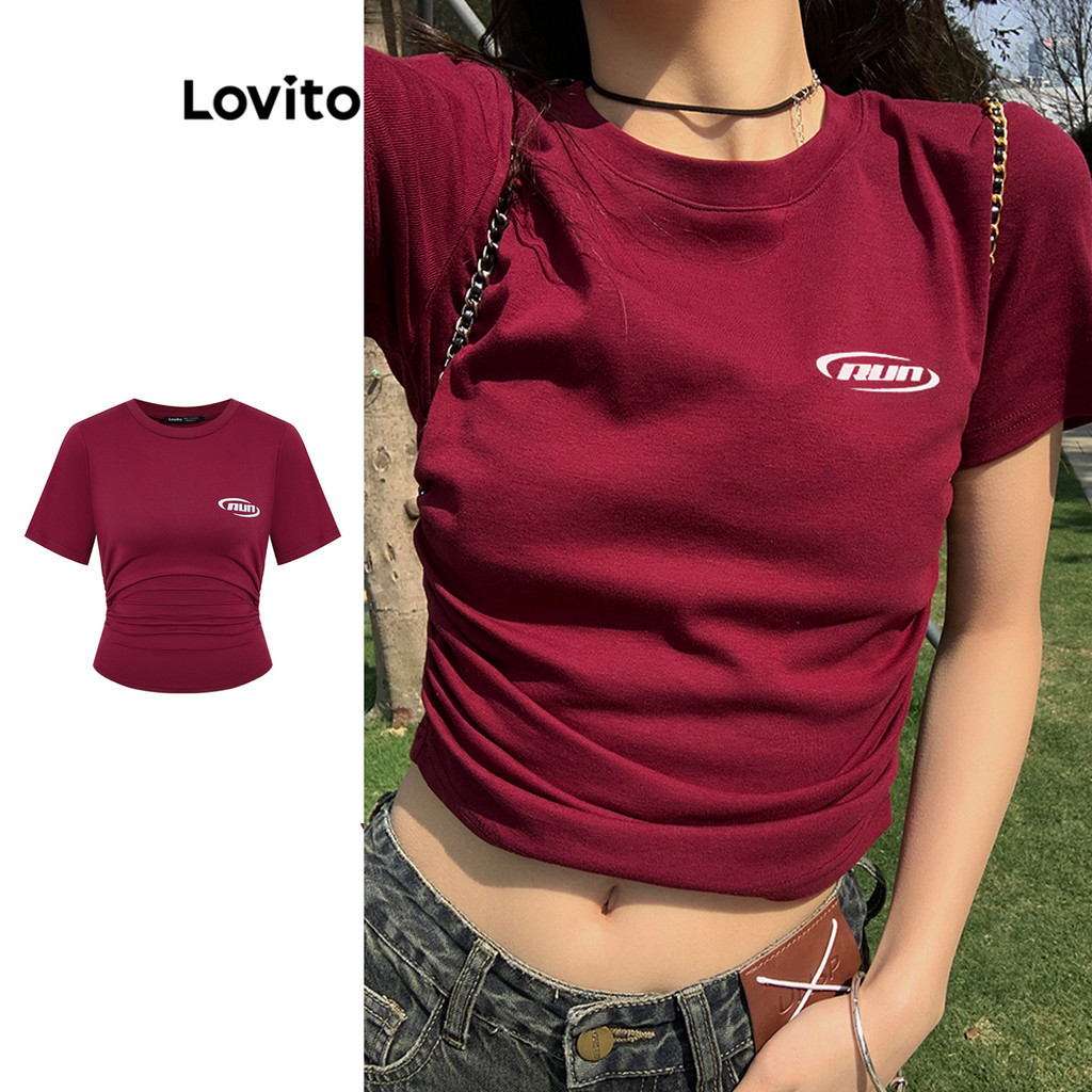 Lovito เสื้อยืดลำลองธรรมดาจีบด้านข้างสำหรับผู้หญิง L101AD082