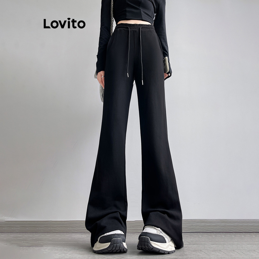 Lovito กางเกงผู้หญิง สไตล์ลำลอง สีพื้น รูดเชือก LNE33242 (เทาเข้ม/ดำ)