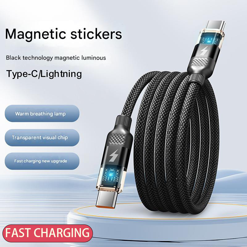 1m Magnetic fast charging cable เก็บถัก high current สายชาร์จโปร่งใสส่องสว่าง 60W fast charge cable เหมาะสําหรับ xiaomi Huawei ประเภท c cable fast charge