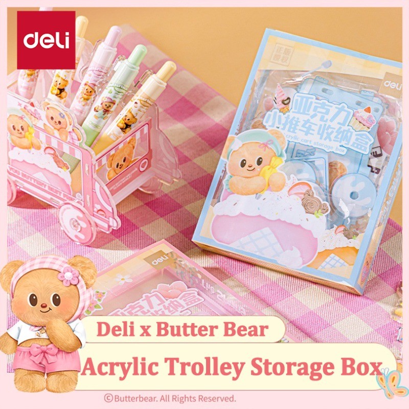 1pcs Deli HY610 Butterbear อะคริลิคกล่องเก็บรถเข็นผู้ถือปากกาขนมหวานรถเข็นเครื่องประดับขนาดเล็ก