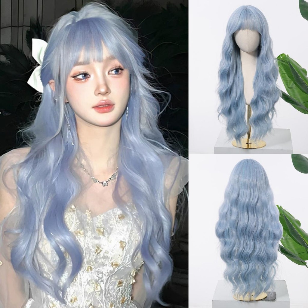 วิกผมสีฟ้าอ่อนเรียบยาวหยักวิกผมสังเคราะห์เด็กวิกผมหยิกสีฟ้าสําหรับผู้หญิงคอสเพลย์ปาร์ตี้ใช้ทนความร้อน