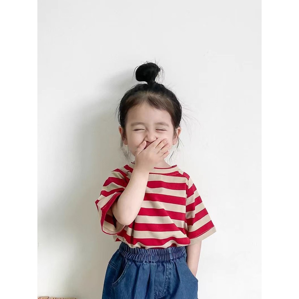 เสื้อยืดแขนสั้นเด็กชายและเด็กหญิงแฟชั่นเด็กสไตล์เกาหลีหลวมลายทารกเสื้อยืดแขนสั้นผู้หญิง男童女童短袖T桖夏装新款洋气儿童韩版宽松条纹宝宝百搭休闲T桖