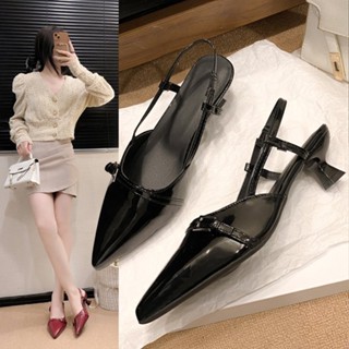 รองเท้าส้นสูงหนังสิทธิบัตรทรงหัวแหลมสไตล์ฝรั่งเศส แฟชั่น โทน…