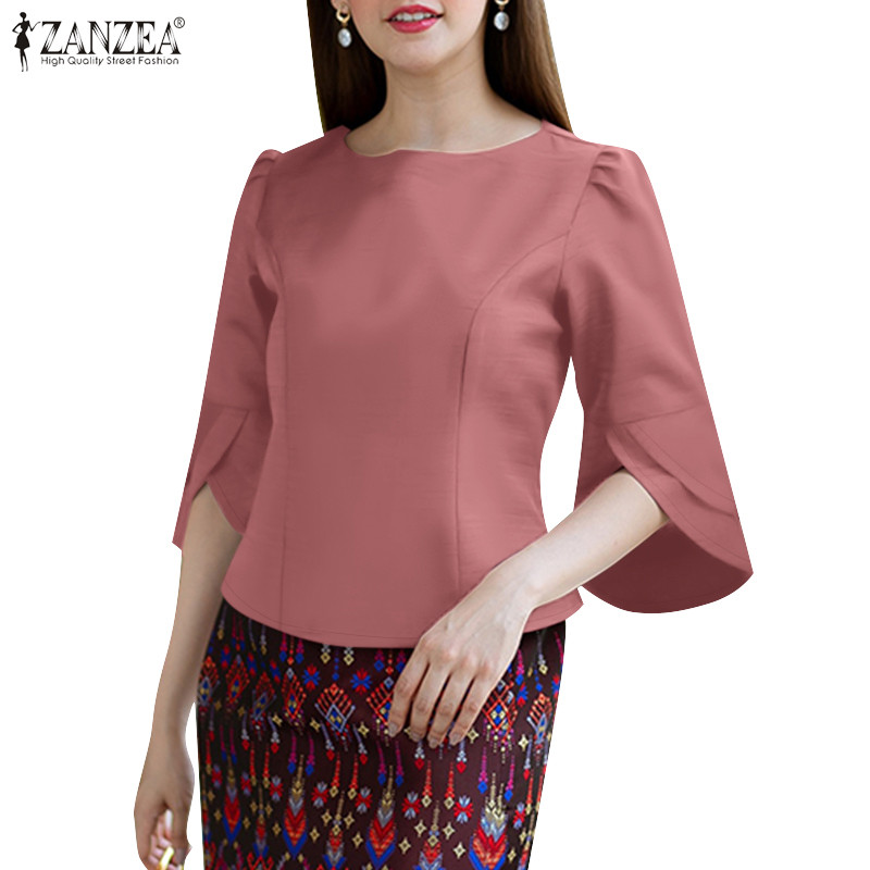 ZANZEA ซานเซีย ผู้หญิงลําลองคอกลมกลับซิปดอกไม้3/4แขนเอวเสื้อเบลาส์หรูหรา