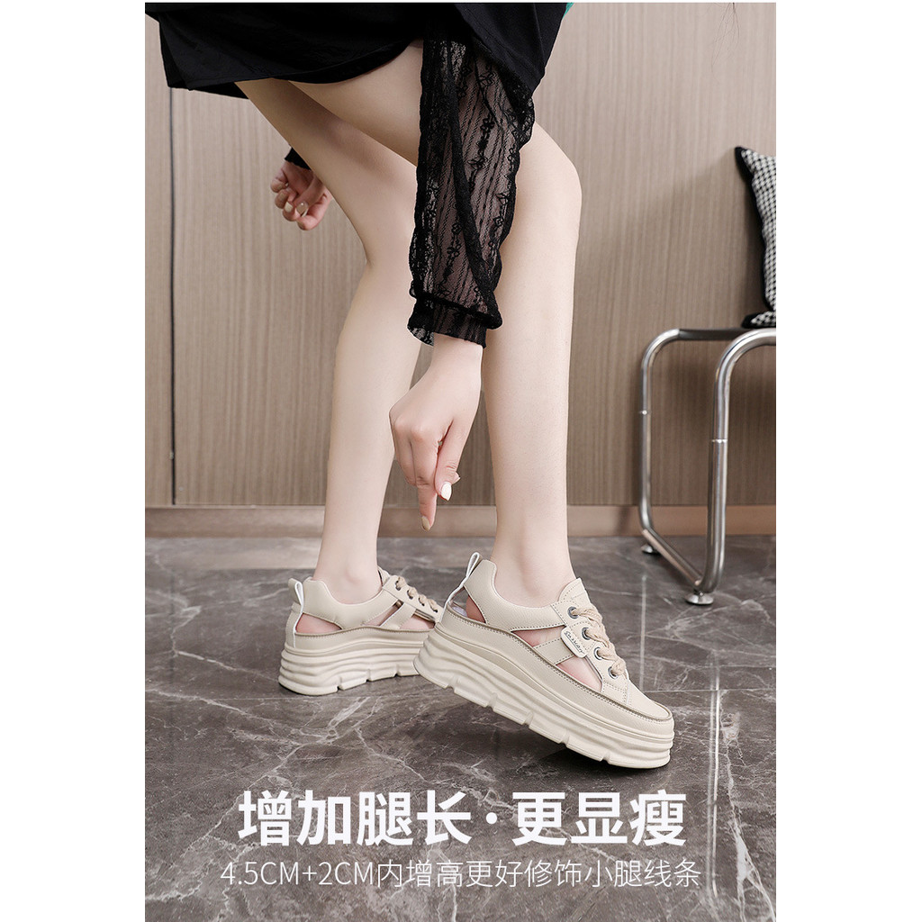 รองเท้าสีขาวขนาดเล็กผู้หญิงฤดูร้อนกลวงระบายอากาศรองเท้าแตะรองเท้าลําลองด้านในเพิ่มความสูงหนา พื้นรองเท้า รองเท้า - รูปที่ 5