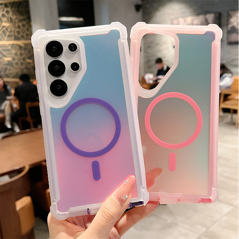 SAMSUNG หรูหราเลเซอร์ไล่โทนสีสีซุปเปอร์กันกระแทกแม่เหล็กกรณีโทรศัพท์สําหรับ ซัมซุง กาแลคซี ส24 ส25อัลตร้าพลัสสี่มุมป้องกันลดลงปลอกป้องกันลายนิ้วมือฮาร์ดพีซีปกห