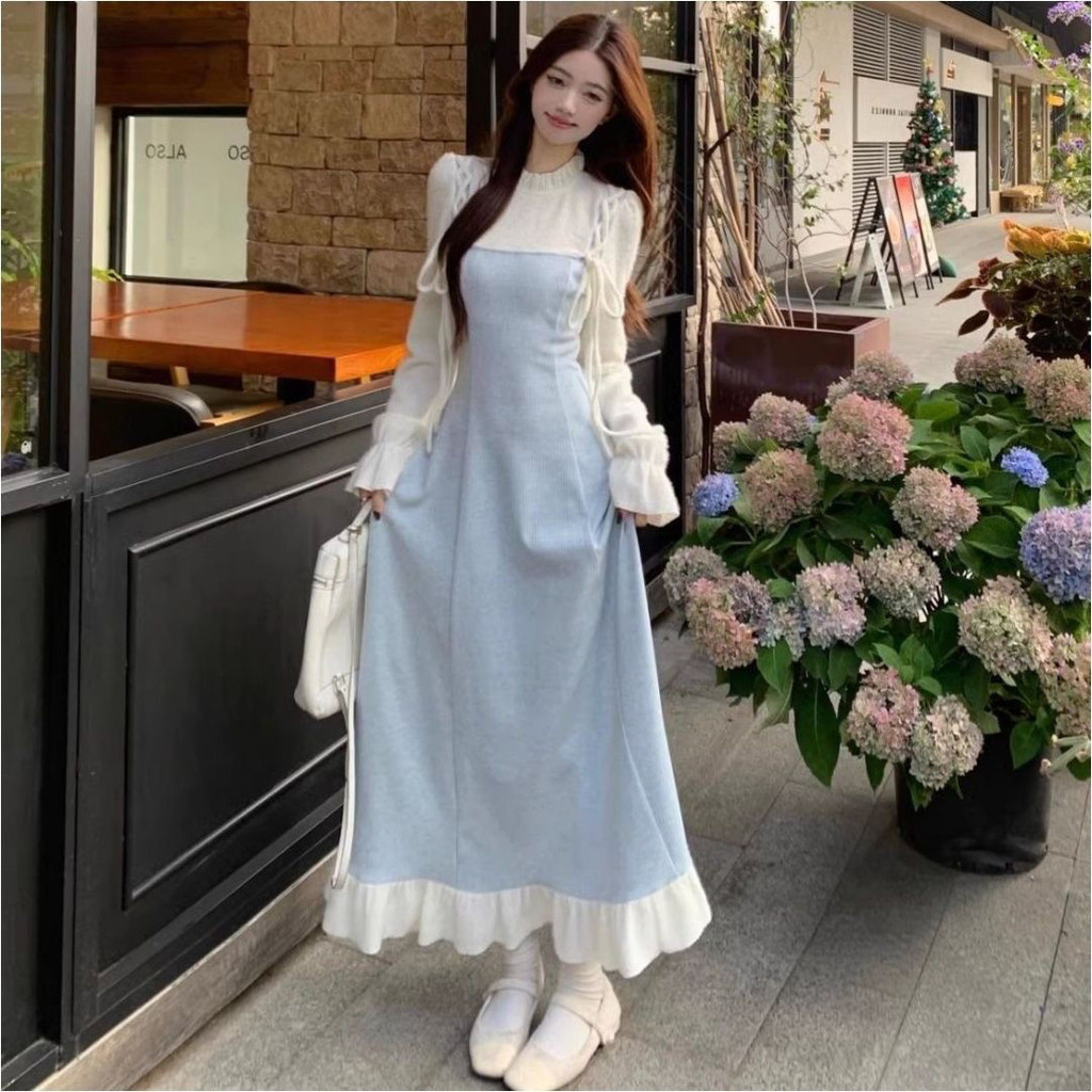 ใหม่สไตล์ฝรั่งเศสอารมณ์ที่สวยงามปลอมสองชิ้นชุดหูสีดําฤดูใบไม้ผลิฤดูใบไม้ร่วงผู้หญิงบางเอว-กอดชุดยาว