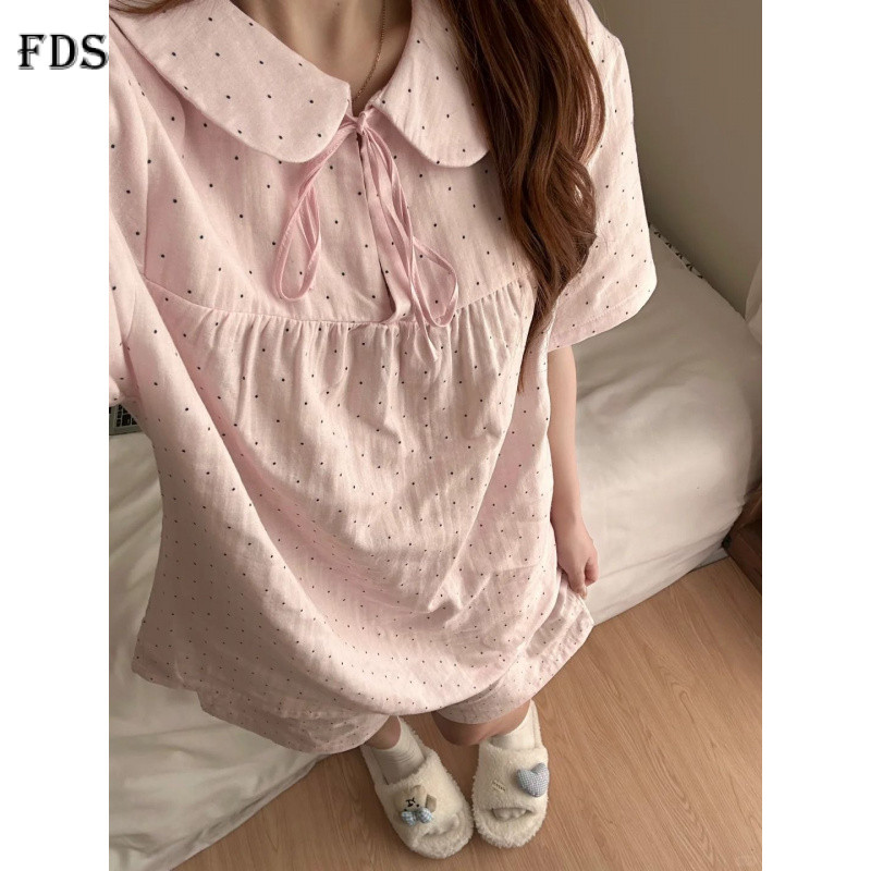 ชุดนอนลายจุดหวานสไตล์ FDS สำหรับเด็กผู้หญิง ชุดนอนแขนสั้นคอตุ๊กตาฤดูร้อน