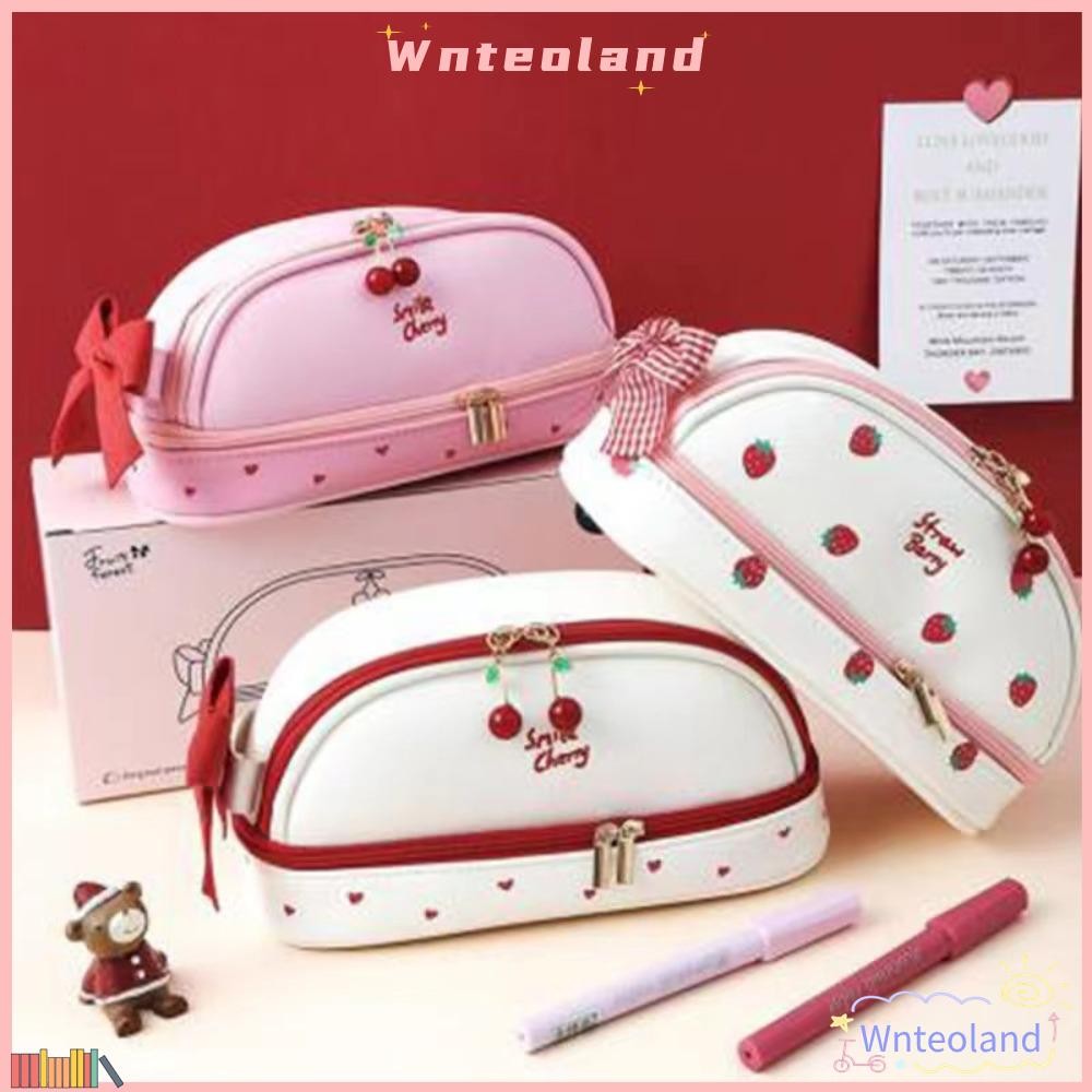 WNTEOLAND กระเป๋าดินสอน่ารัก, ดินสอหมีหนัง PU, เครื่องเขียนสตรอเบอร์รี่การ์ตูน Smile Cherry กระเป๋าปากกาสองชั้นโรงเรียน
