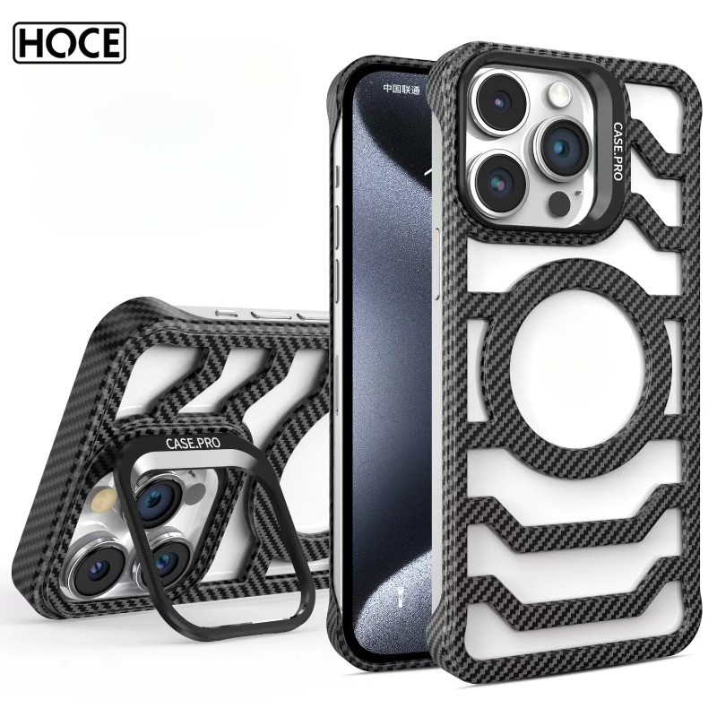 HOCE Frameless การกระจายความร้อนเลนส์วงเล็บเคสโทรศัพท์แม่เหล็กสําหรับIPhone 17 16 15 14 13 12 Pro Maxคาร์บอนFibreรูปแบบปกหลัง