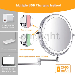 (จัดส่งจากประเทศไทย)กระจกแต่งหน้าติดผนัง 8 นิ้ว ชาร์จ USB ไฟ LED 3 สี 1X 10X สําหรับห้องน้ํา โรงแรม