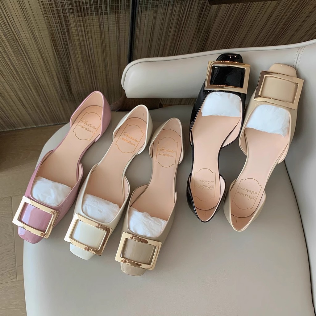 ขนาดใหญ่ (35-43) องุ่น แม่ สตูดิโอลี จิ สไตล์เรียบง่ายสแควร์หัวเข็มขัดสิทธิบัตรหนังสแควร์ นิ้วเท้า ปากตื้นกลวงแบนรองเท้าผู้หญิงฤดูร้อนสบายกันลื่นรองเท้าผ 0420