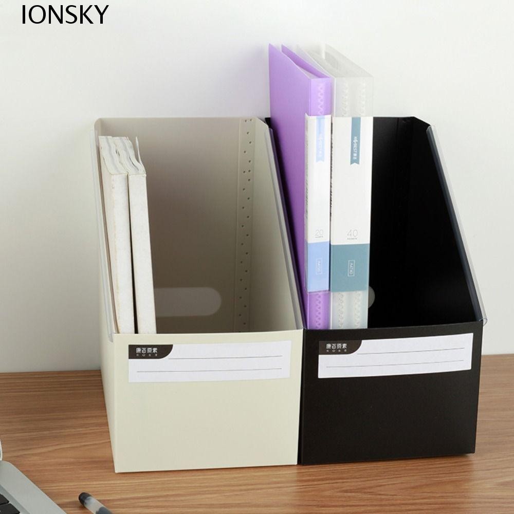 IONSKY กล่องเก็บหนังสือแบบพับได้, กล่องเก็บหนังสือตั้งโต๊ะความจุขนาดใหญ่ A4, กล่องเก็บแฟ้มเอกสารพลาสติกกันน้ําเรียบง่ายนักเรียน