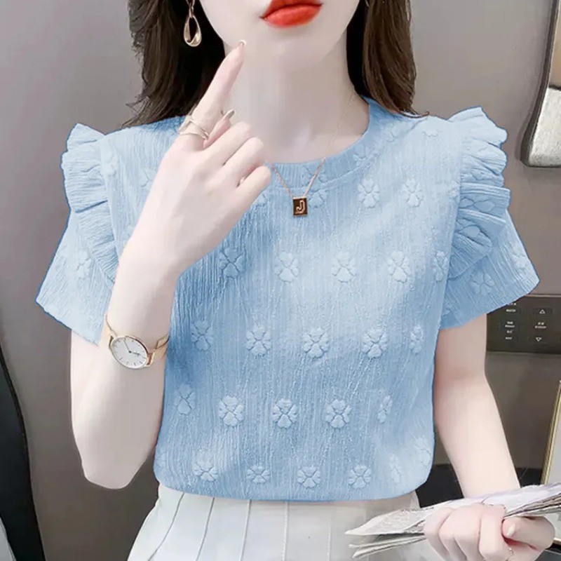S❣️Silas Shop❣️  ใบบัวลูกไม้สีฟ้าเสื้อยืดแขนสั้นฤดูร้อนใหม่ตัวอักษรหลวม