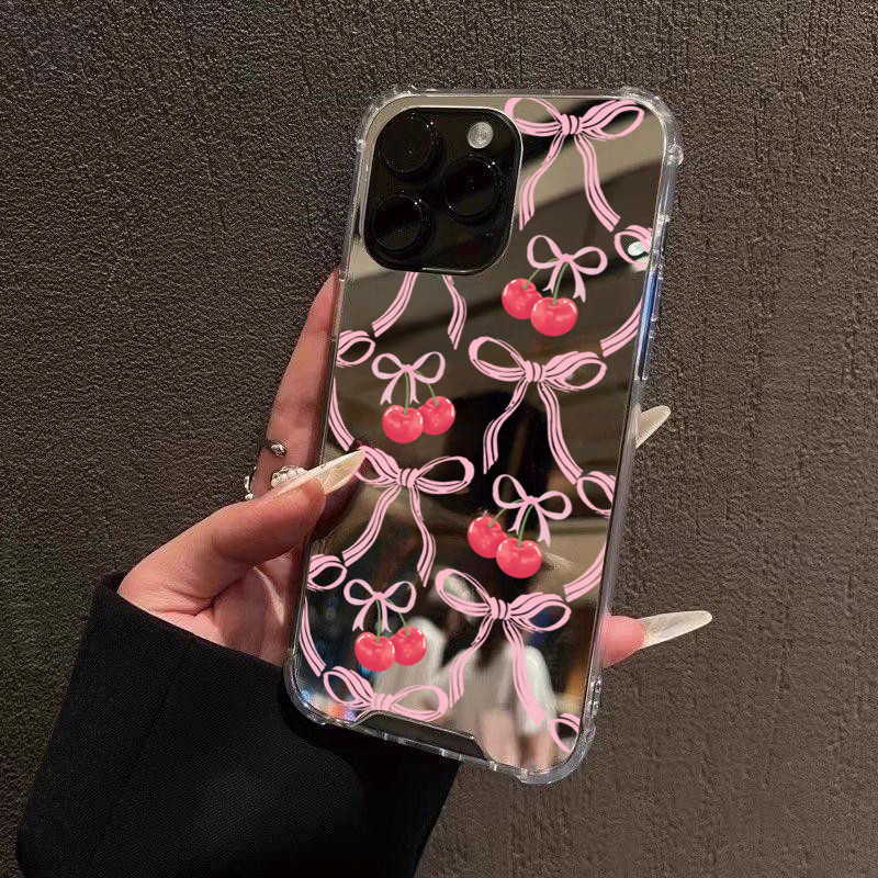 Make Up กระจกเคสโทรศัพท์สําหรับ iPhone 11 12 13 14 15 16 Pro Max 16e XS X XR 7 8 Plus Bow Cherry กันกระแทก