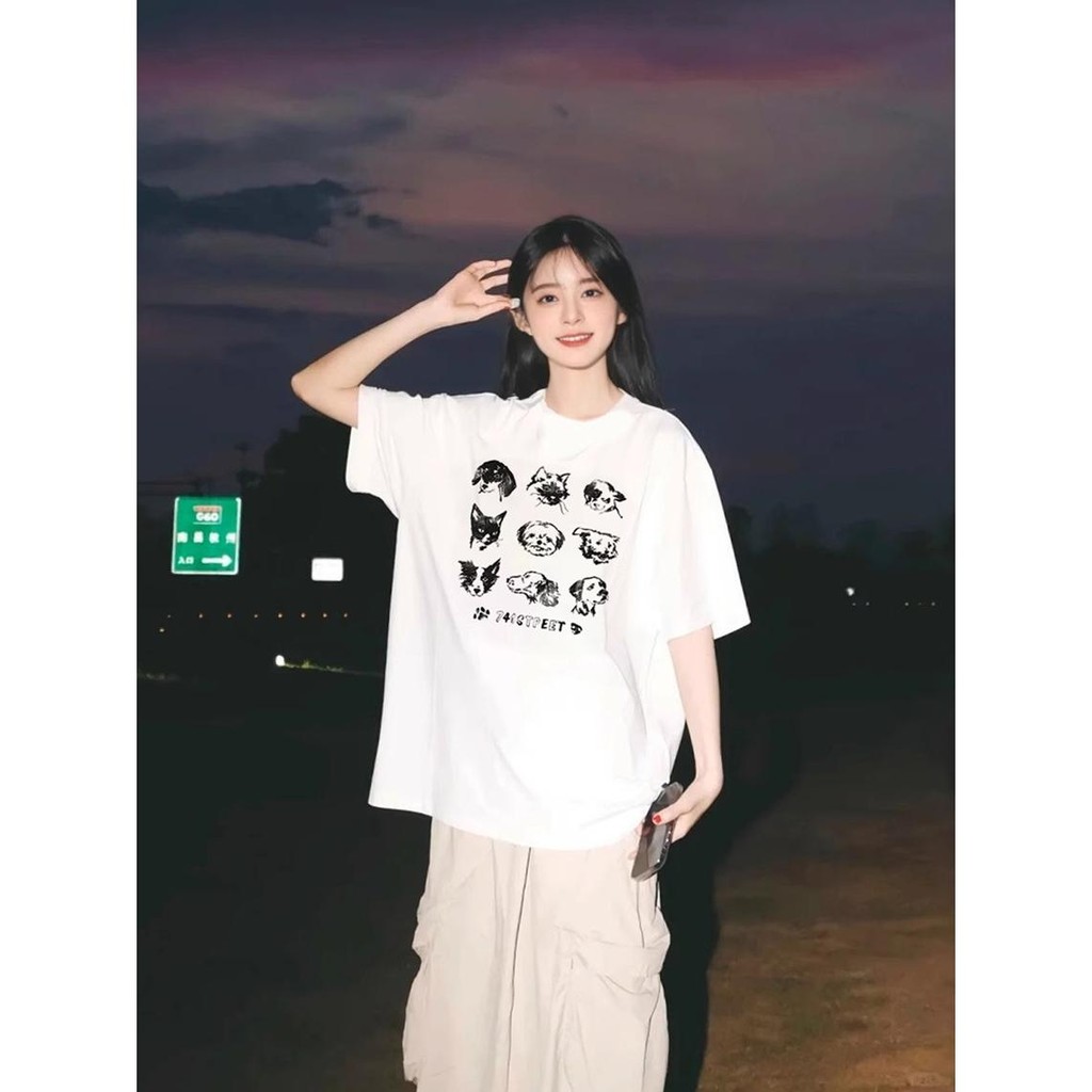 เกาหลี ผ้าฝ้าย100% เสื้อยืดแขนสั้น Oversize CMDXY7169 ผู้ชาย ผู้หญิง ลายทาง ตัวอักษร การ์ตูน หลวม ฤดูร้อน ฤดูใบไม้ผลิ