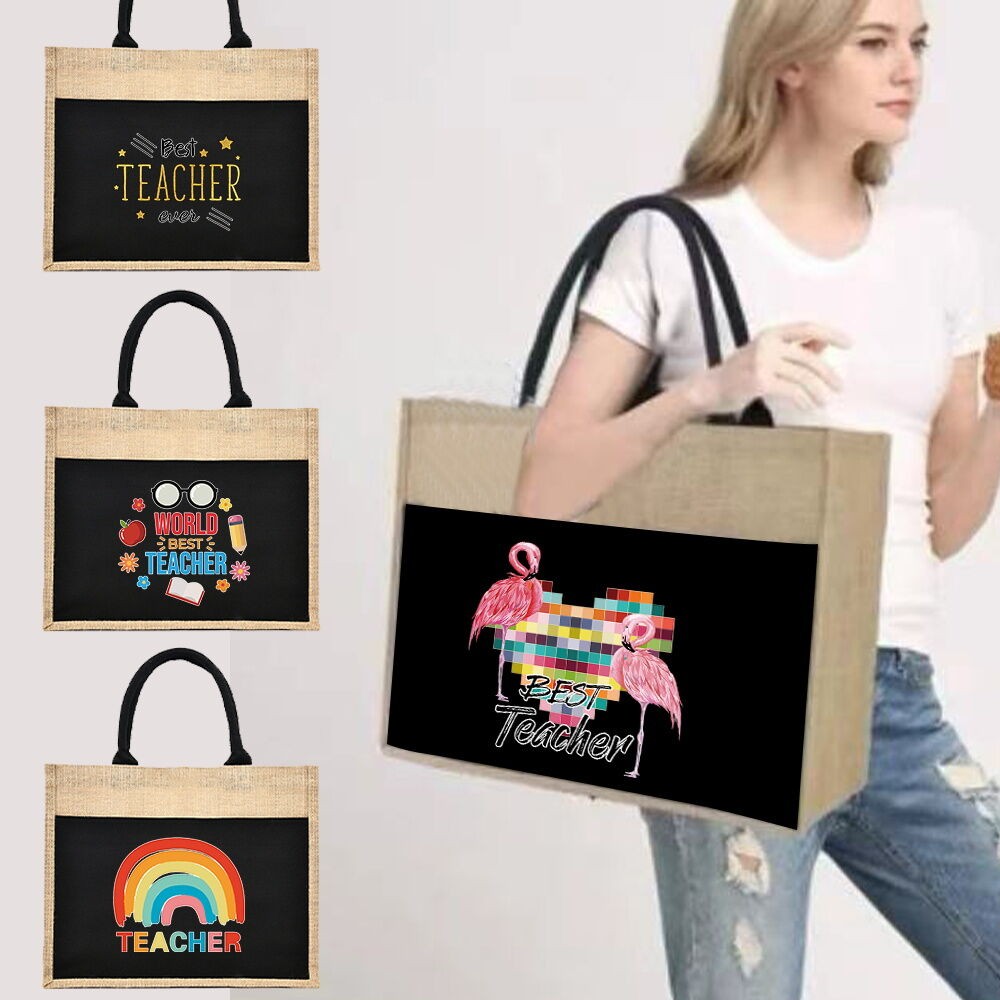 ใหม่ Big Jute Bag กระเป๋าช้อปปิ้งการพิมพ์ Tote Bag with Handle Premium Bag Travel Office Outer Handb