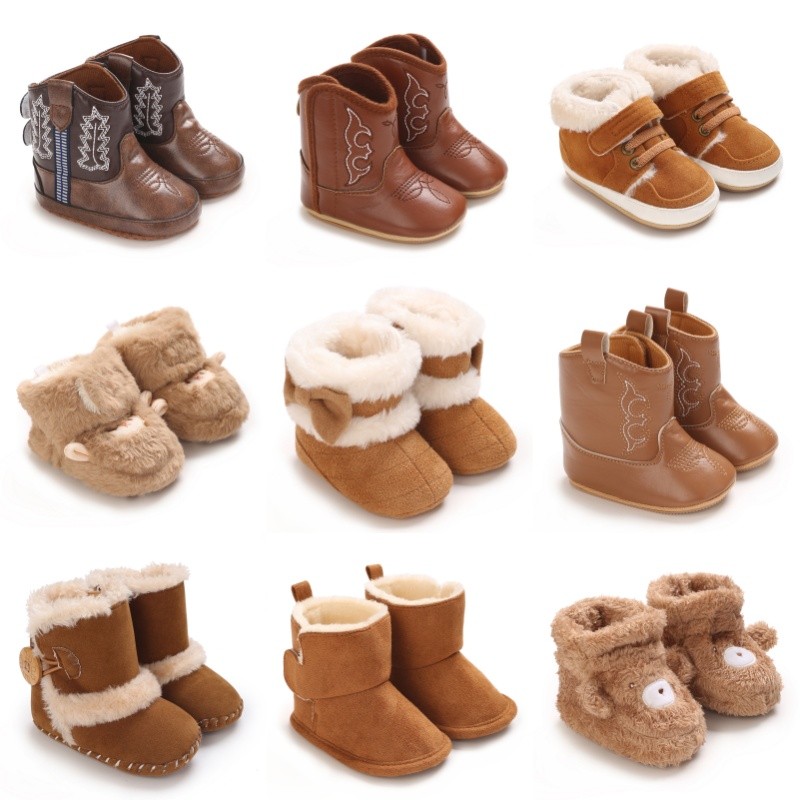 รองเท้ากันลื่นและอบอุ่นสำหรับเด็กวัยหัดเดิน สีน้ำตาล ขนาด 0-18 cm