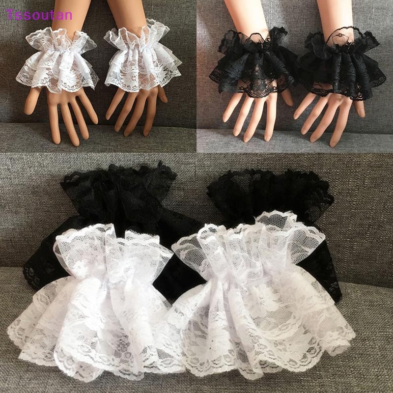 [TSST] Lolita มือแขนข้อมือ Ruffled ดอกไม้ลูกไม้สีดําสร้อยข้อมือยืดหยุ่น Elegant สุภาพสตรีถุงมือลูกไม้สั้นฮาโลวีน TAN
