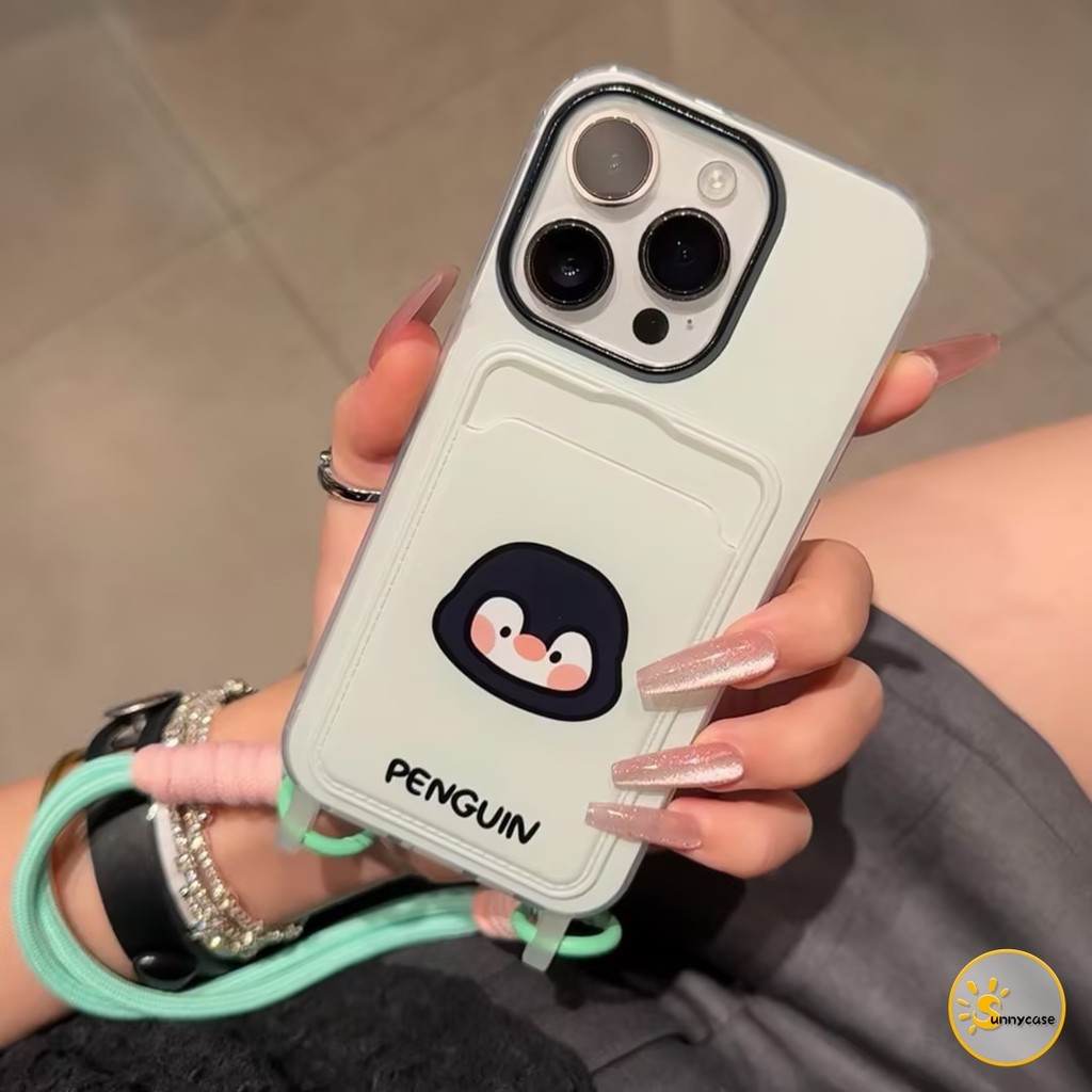 เคสแบบนุ่มพร้อมสายคล้องสำหรับใส่บัตรรูปเพนกวินสุดเรียบง่าย เข้ากันได้กับ IPhone 15 13 11 16 14 12 Pro Max 7Plus XR X XS