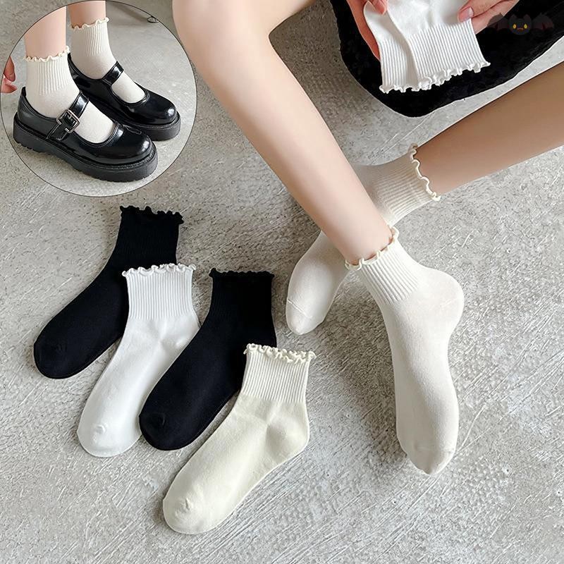 [PE] ผ้าฝ้าย Ruffles ข้อเท้าถุงเท้าผู้หญิง INS ฤดูร้อนน่ารัก Kawaii เกาหลีถุงเท้าสาวฤดูใบไม้ผลิสีดําสีขาวกลางหลอดญี่ปุ่น Sox TH