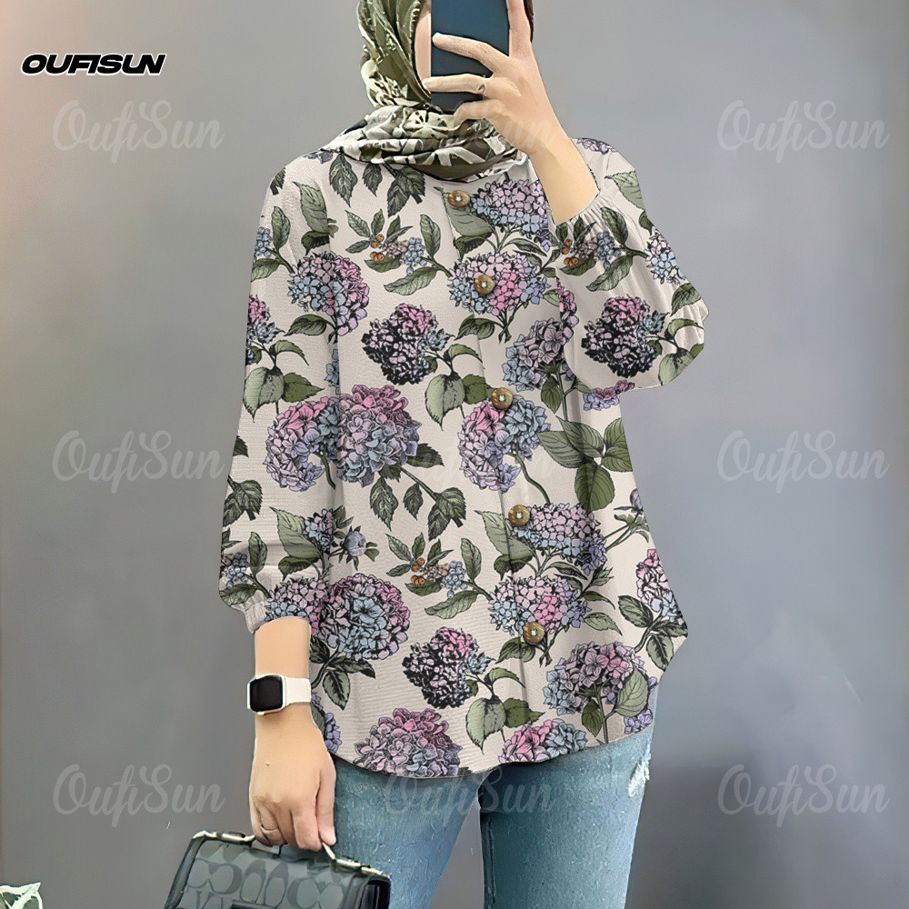 2025 Baju พร้อมปุ่ม Diwali เสื้อแขนยาวสําหรับผู้หญิงเสื้อลายดอกไม้วินเทจผู้หญิงมุสลิม