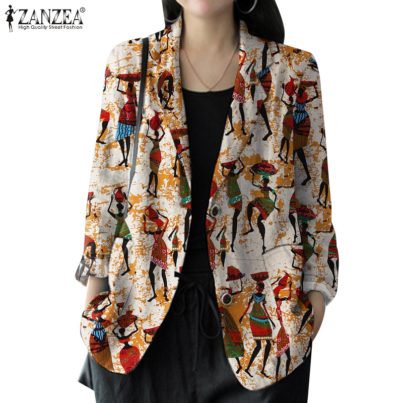 ZANZEA ใส่ ซานเซีย ผู้หญิงแฟชั่นพิมพ์ปกกระเป๋าด้านข้างแขนยาวปุ่มหลวม เสื้อสูทแฟชั่น