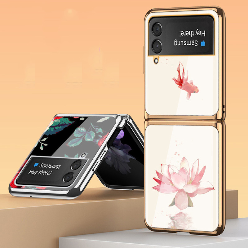 YZ Flip4 F Unda Case สำหรับ Samsung Galaxy Z flip 4 Z flip 3 2 Rose Lotus Fish แบบชุบกระจกนิรภัย C o