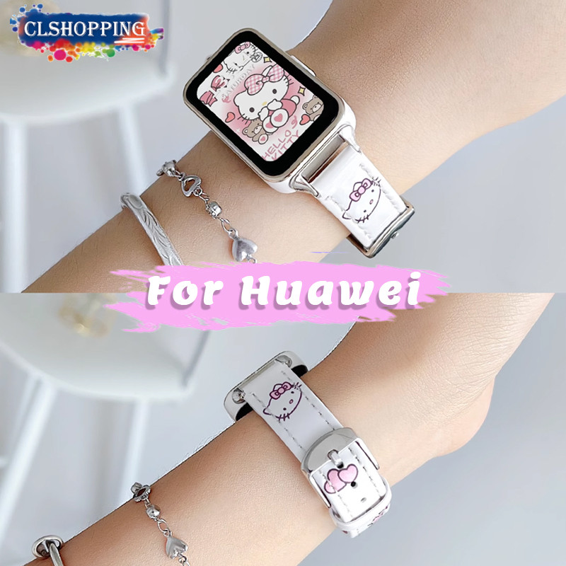 น่ารัก Hello Kitty สายหนังสําหรับ Huawei Band 9 8 NFC สร้อยข้อมือหนัง + โลหะสําหรับ HW Fit3 สายรัดข้อมือสําหรับสาวเข็มขัดอุปกรณ์เสริม Sanrio Cinnamoroll รุ่นที่กําหนดเอง