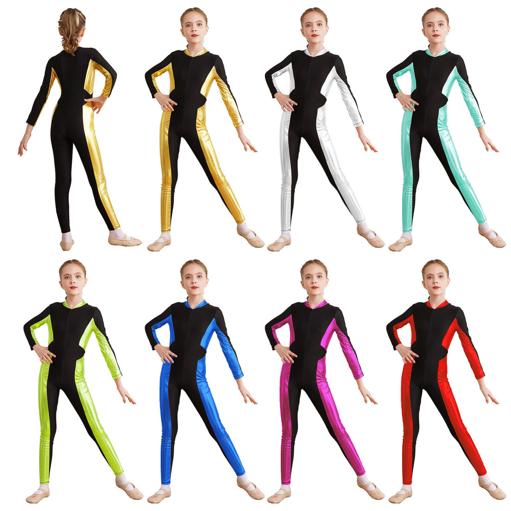Yruioon เด็กสาวสีโลหะบล็อก Patchwork Jumpsuit ซิปแขนยาว Unitard สําหรับสเก็ต Acrobatics ยิมนาสติกเต้นรําประสิทธิภาพ