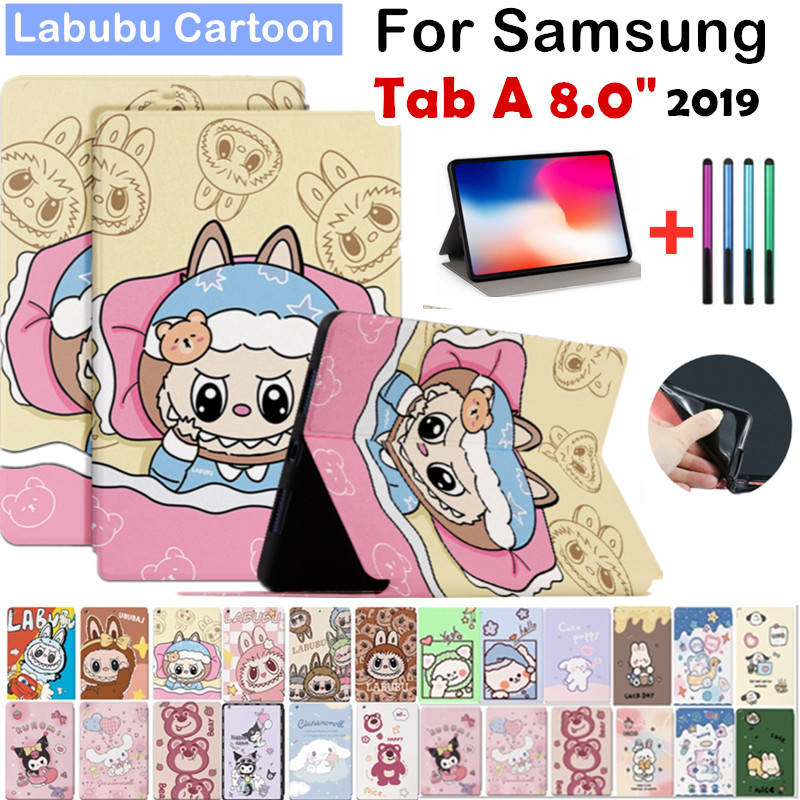 น่ารักการ์ตูน LABUBU สําหรับ Samsung Galaxy Tab A 8.0 2019 SM-T290 T295 T297 เด็กสมาร์ทขาตั้ง Mokoko Kuromi สตรอเบอร์รี่หมี ZIMOMO หนังป้องกันฝาครอบ