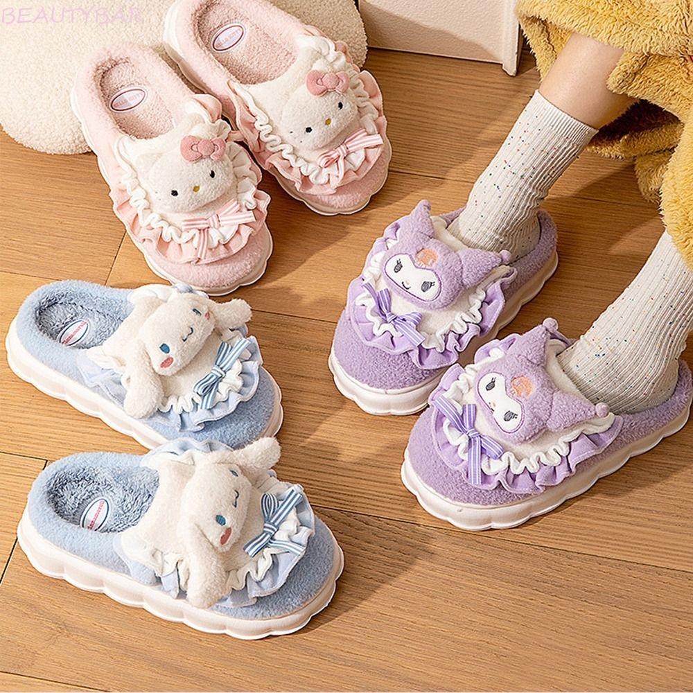 Beautybar8 ฤดูหนาวรองเท้าแตะปุย, Pompom Purin Kuromi รองเท้าแตะตุ๊กตานุ่ม, Kawaii Cinnamoroll KT Cat Me Melody รองเท้าแตะขนสัตว์อบอุ่นผู้หญิง