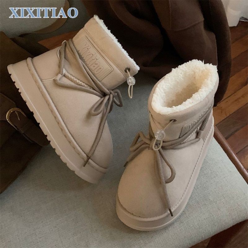 เทรนด์ Snow Boots Mid-Tube Boots Casual Japanese Style Baotou Round Toe