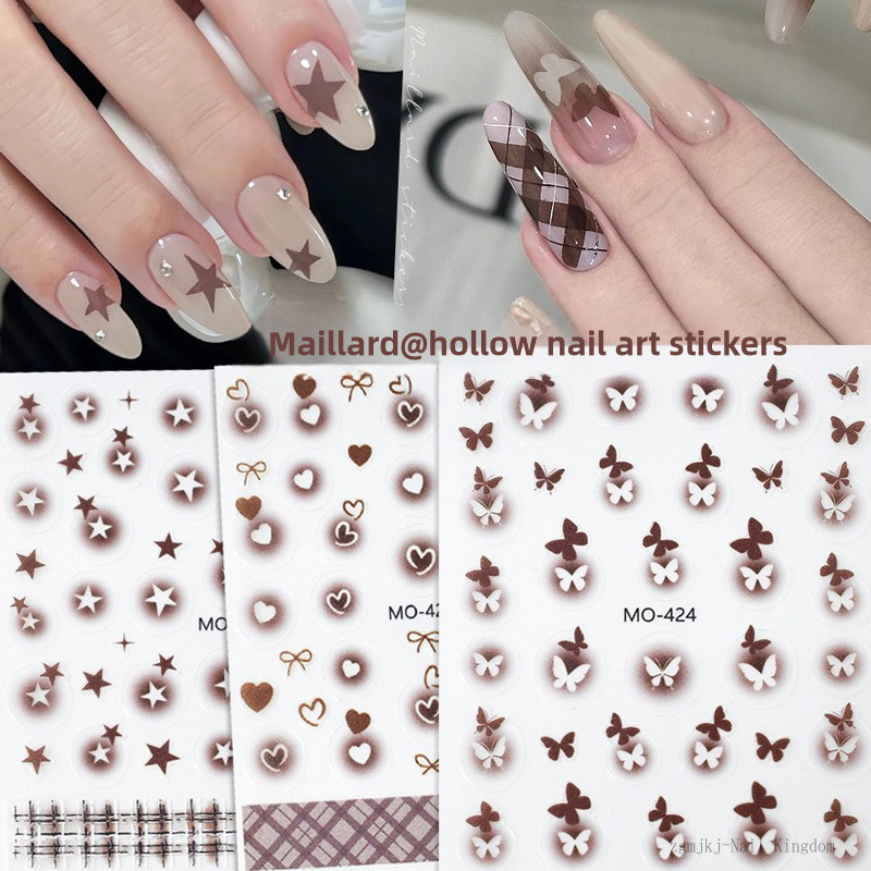 ฤดูใบไม้ร่วงและฤดูหนาว Maillard สีผีเสื้อกลวงดาวรูปหัวใจสติกเกอร์เล็บ / สติ๊กเกอร์ติดเล็บรูปดาวห้าแฉกสีน้ำตาลกาแฟ / อุปกรณ์ทำเล็บ DIY