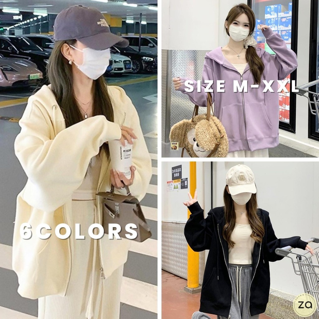 HOT SALE เสื้อแจ็คเก็ตแขนยาว มีฮู้ด 6 สี ซิปหน้า ทรงใหญ่ ใส่คลุมกันลมกันแดด