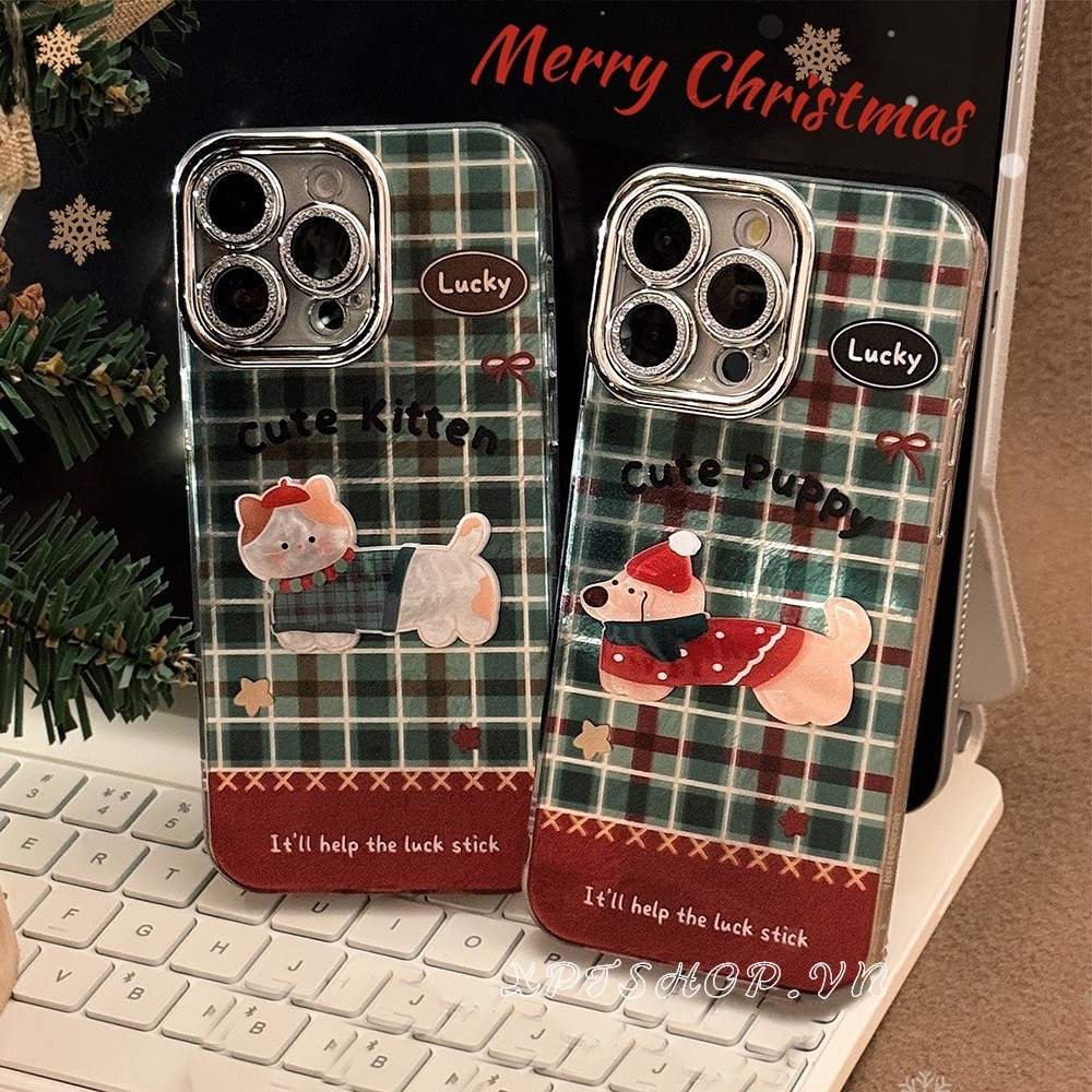 3d คริสต์มาสสุนัขแมวเลนส์แวววาวฟิล์มเคสโทรศัพท์สําหรับ iPhone 16 Pro Max 16 Plus 15 Pro Max 14 13 12 11 Pro Max กันกระแทกอะคริลิคปลอก