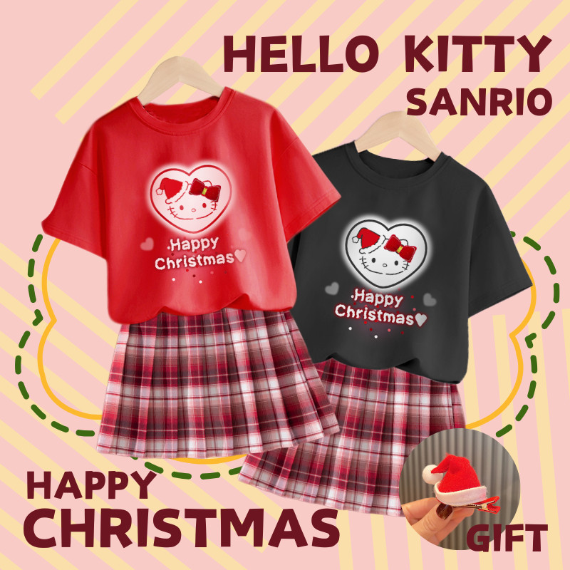 Hello Kitty ชุดคริสต์มาสสาวเสื้อผ้าสีแดงผ้าฝ้ายเป็นมิตรกับผิวแขนสั้นคลาสสิกลายสก๊อต Jk กระโปรงงานรื่นเริงเสื้อผ้าเด็ก