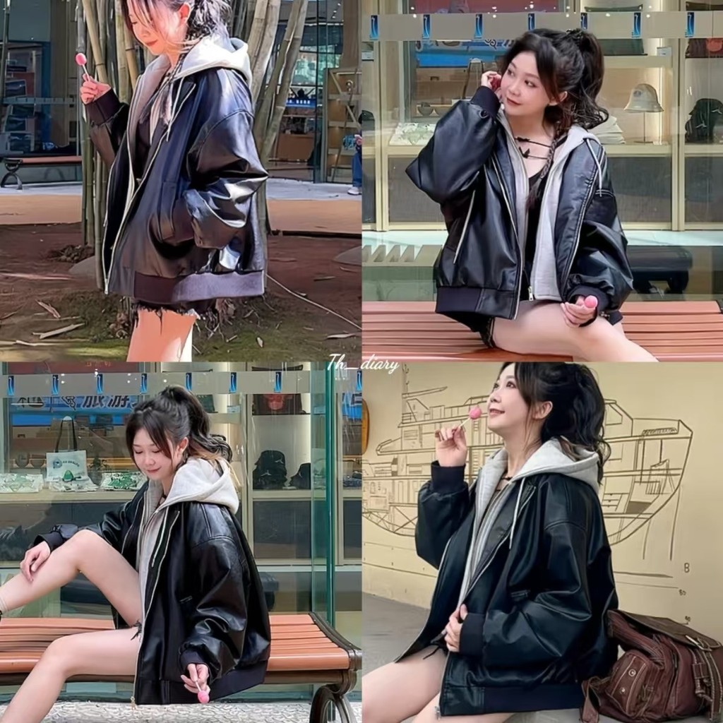 (พร้อมที่จะจัดส่งในกรุงเทพ) ฤดูใบไม้ร่วงรูปแบบใหม่ สไตล์วินเทจของผู้หญิง แจ็คเก็ตหนังมีฮู้ด-Z294