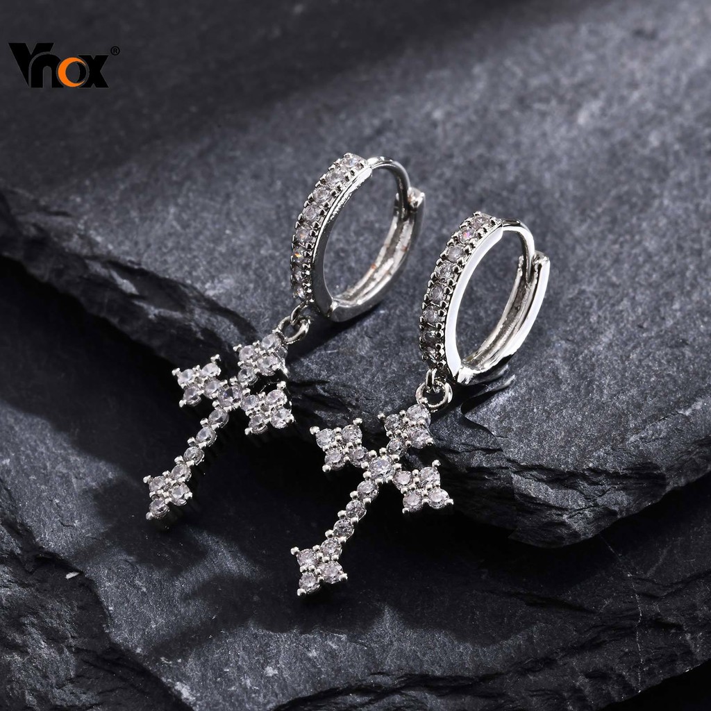 Vnox Zircon Cross Hoop ต่างหูสําหรับชาย,บุคลิกภาพ Hip-Hop ศาสนาศรัทธาต่างหู,เครื่องประดับของขวัญ