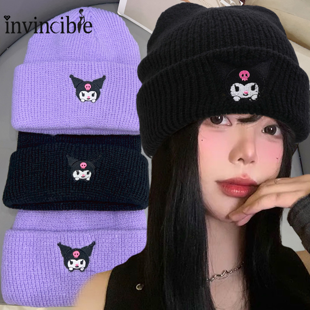SANRIO ซานริโอ คุโรมิ เย็บปักถักร้อยถักหมวกอบอุ่น - คลาสสิกสีม่วงสีดําการ์ตูน คุโรมิ รูปแบบสีทึบถักคู่หมวก