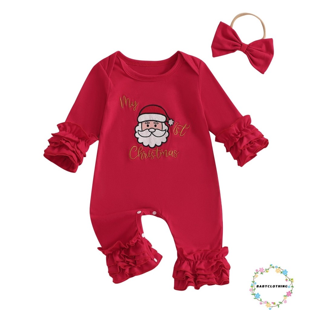 เสื้อผ้าเด็ก-ชุดจั๊มสูทเด็กผู้หญิงคริสต์มาสเด็ก Santa/Tree/Reindeer ชุดรอมเปอร์คอกลมแขนยาวเร้าใจ
